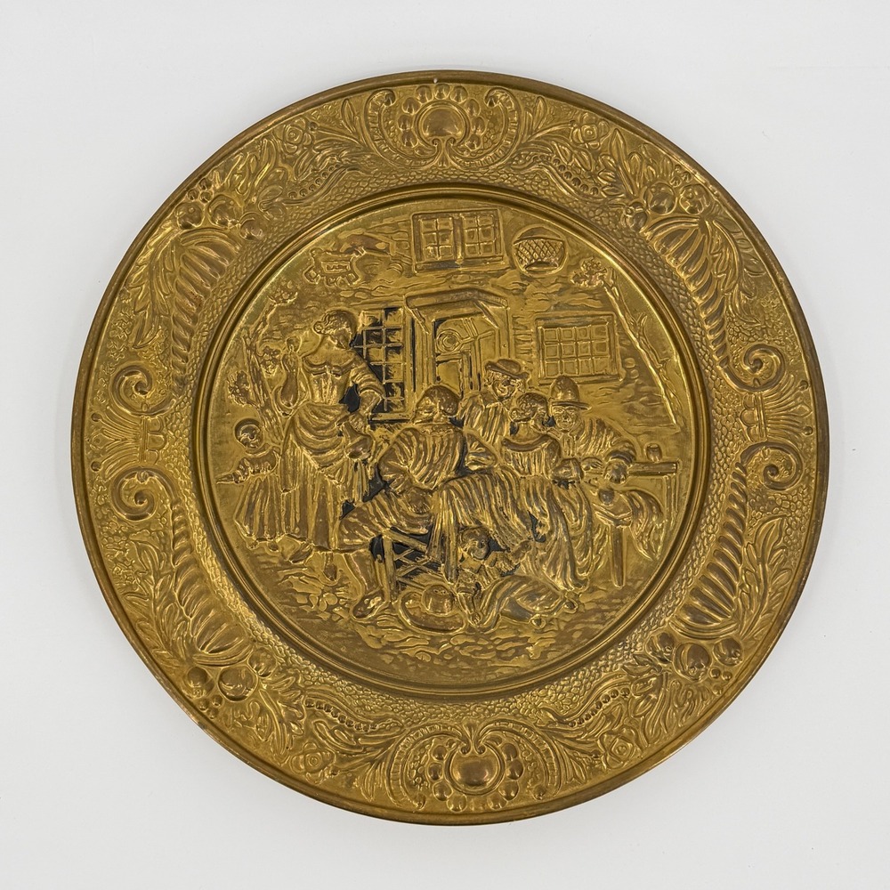 Vintage Gold Tavern Wall Plaque Embossed Village Scene Ornate Metal Wall Art